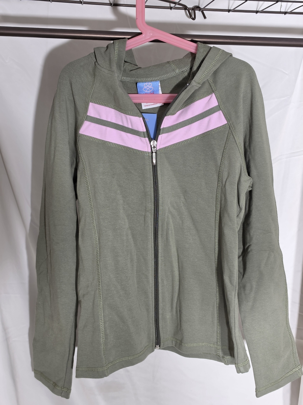 Girls' Olive Green Zip Hoodie with Pink Stripe Detail